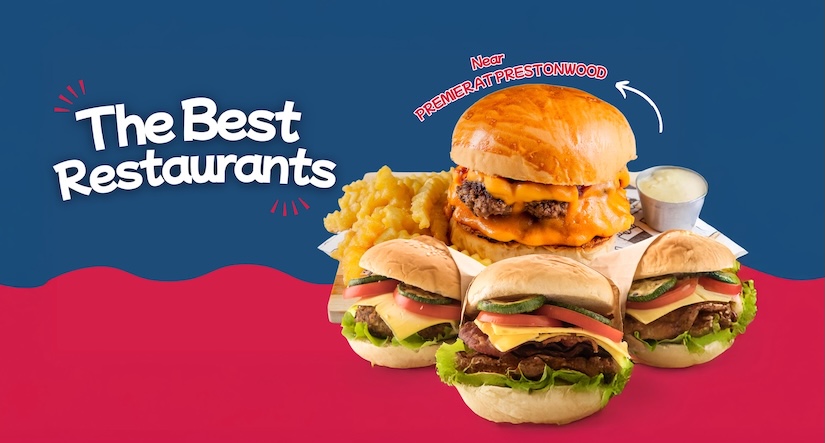 a graphic showing burgers and fries and text that says 
