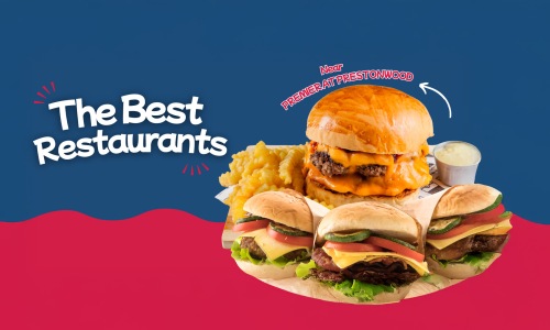 The Best Restaurants Near Premier at Prestonwood a graphic showing burgers and fries and text that says